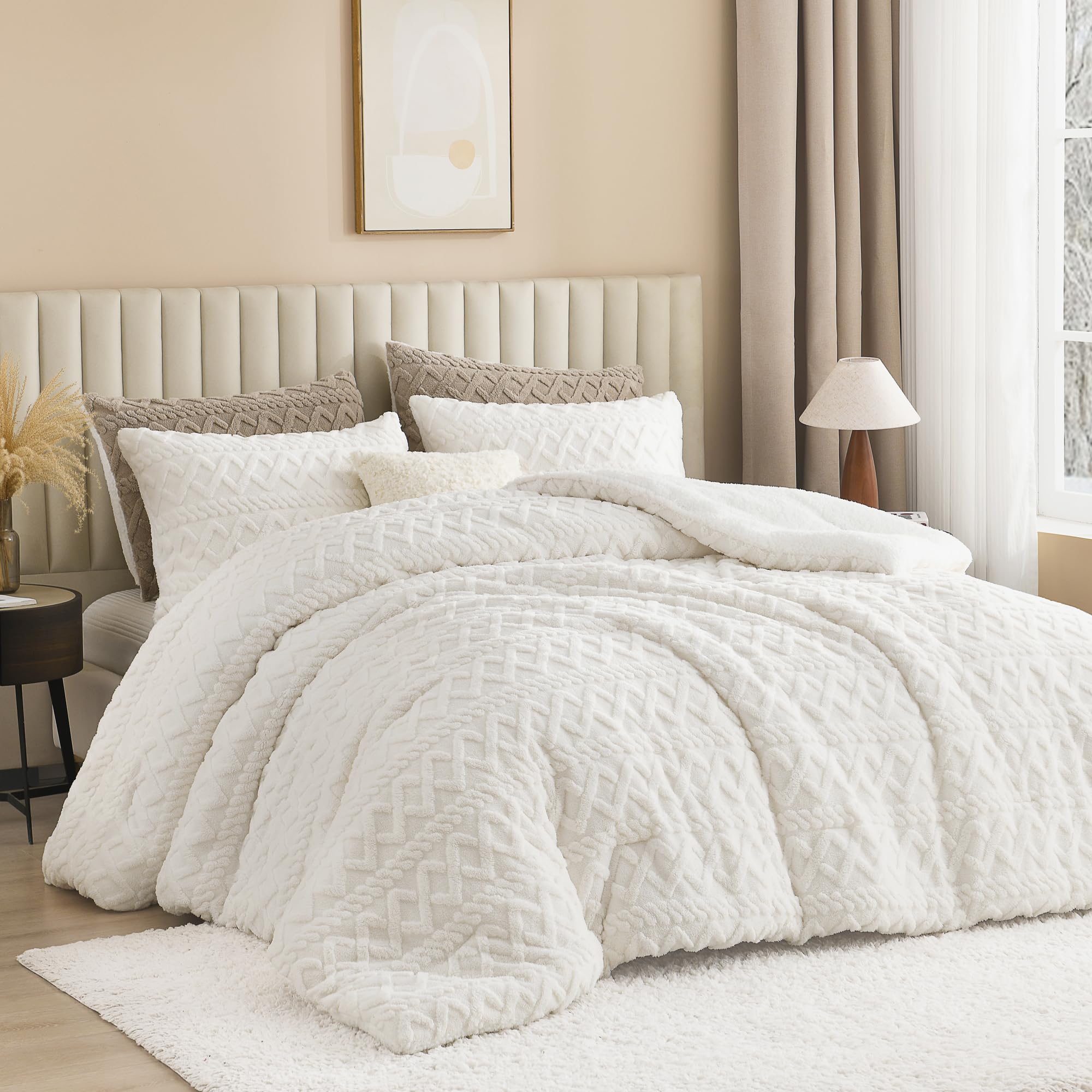 Andency Fluffy Sherpa Queen Comforter Set, Super Soft White Fleece Warm Bedding For Winter, Luxury Jacquard Boho Thick Fuzzy Plu